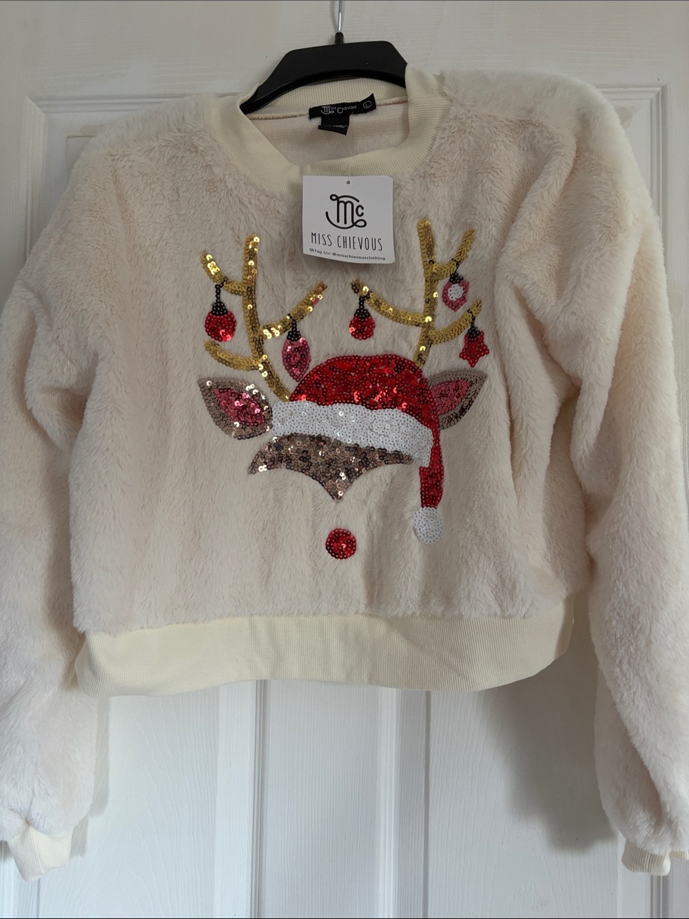 NWT Miss Chievous Cream Plush Sequin Reindeer Holiday Pullover size L